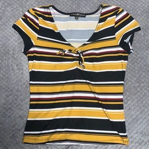 Yellow, Black, Red, and White Top